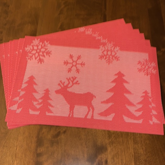 Christmas Placemats Reversible Red White Trees & Reindeer Set of Six - Picture 3 of 9